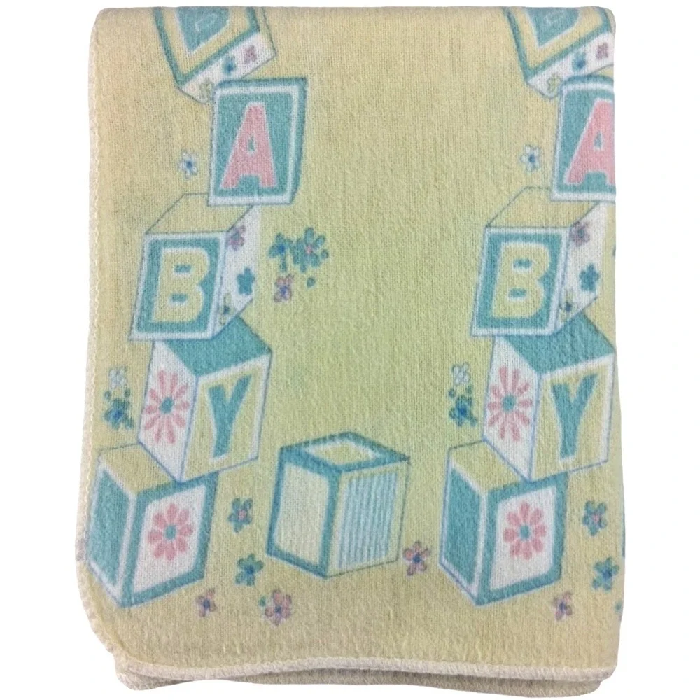 Vintage Yellow Baby Receiving Blanket Green Blocks Soft 28x34 Unisex Lovey
